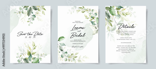 Greenery watercolor wedding invitation card template. Leaves decoration wedding card.