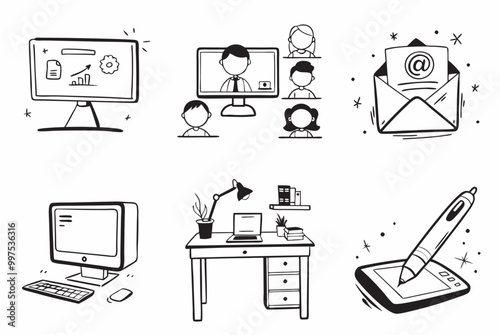 Set of vector linear illustrations related to online education and learning.Doodle collection for educational websites,blogs and social networks.