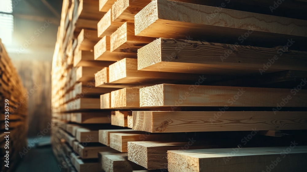 Stacks of processed timber planks in a warehouse, representing wood manufacturing and timber industry. Stacks of processed timber planks in a warehouse, representing wood manufacturing and timber industry.