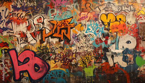 A wall filled with bold, colorful graffiti tags and street art, giving an edgy, urban feel full of energy