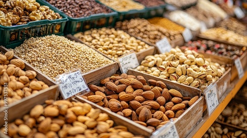 A display of assorted nuts and seeds at a local market, including almonds, sunflower seeds, and walnuts