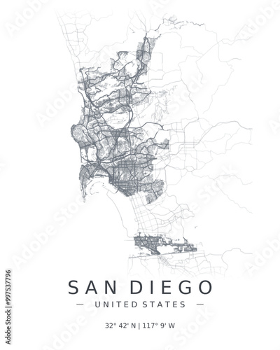 San Diego minimalist map with highways and streets. Printable map for decoration
