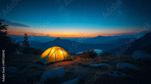 A yellow tent lit up on a hillside under the stars