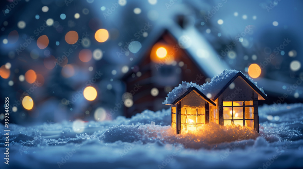 Glowing miniature house in snow with warm lights and bokeh background, creating a magical winter scene Glowing miniature house in snow with warm lights and bokeh background, creating a magical winter scene