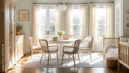 Inviting breakfast scene with a sunlit kitchen table adorned with a latte, fresh fruits, and delectable pastries