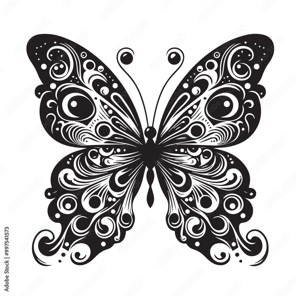 Butterfly Black and White Vector illustration silhouette full black color white background