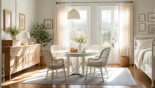 Inviting breakfast scene with a sunlit kitchen table adorned with a latte, fresh fruits, and delectable pastries