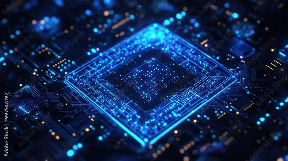 A blue square with an electronic circuit computer chips in futuristics concept video footage.