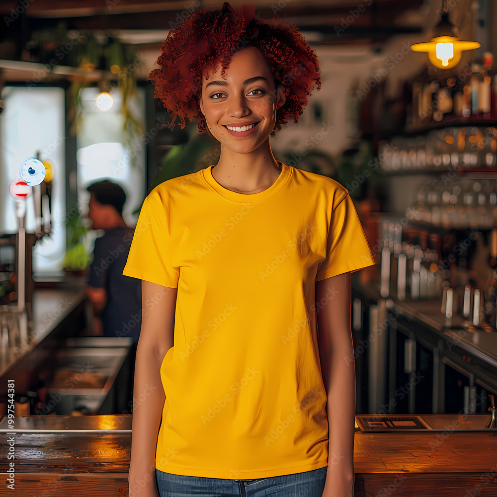 A young African American woman with curly red hair smiles warmly in a vibrant yellow shirt, set against a cozy bar backdrop. A young African American woman with curly red hair smiles warmly in a vibrant yellow shirt, set against a cozy bar backdrop.