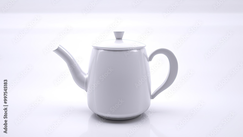 A minimalistic white ceramic teapot with a simple design, curved handle, and long spout, displayed on a reflective white surface, ideal for tea or coffee serving. A minimalistic white ceramic teapot with a simple design, curved handle, and long spout, displayed on a reflective white surface, ideal for tea or coffee serving.