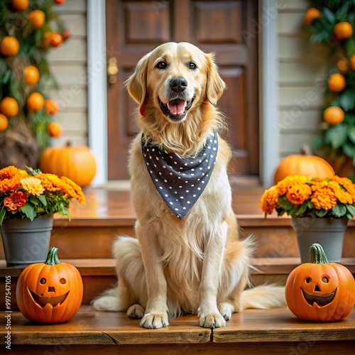 Golden Retriever Sitting on a Porch with Halloween decorations, wearing a bandana.