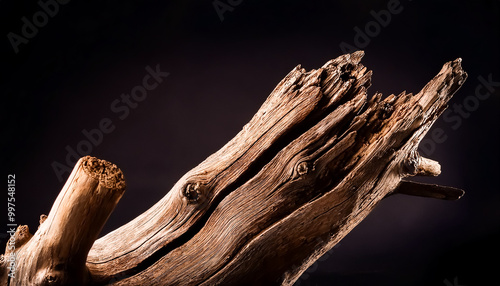 Dead tree, decayed tree, broken, root, branch, split, knot, break, cleft, fissure, black background, close-up
