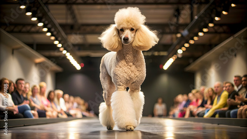 Poodle dog confidently strutting down the catwalk at a fashion show, fashion week, runway, stylish, trendy, pet, dog, model, confidence photo