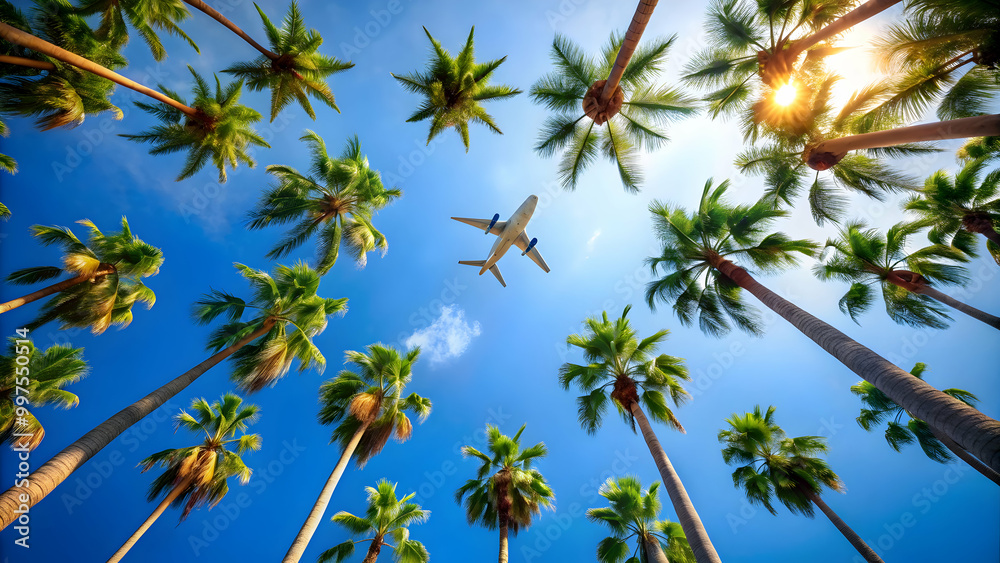 Upward view of palm trees with clear blue sky and airplane flying overhead, Tropical, vacation, exotic, palm trees Upward view of palm trees with clear blue sky and airplane flying overhead, Tropical, vacation, exotic, palm trees
