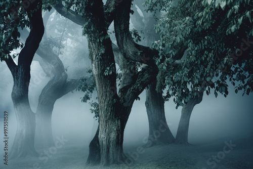 haunted woods creepy , halloween, horror, darkness, with mist and huge twisted trees. Backdrop for horror design 
 photo