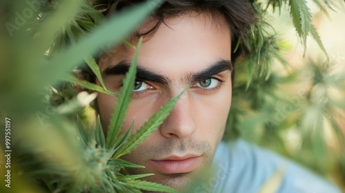 Man with Piercing Eyes Surrounded by Cannabis Leaves