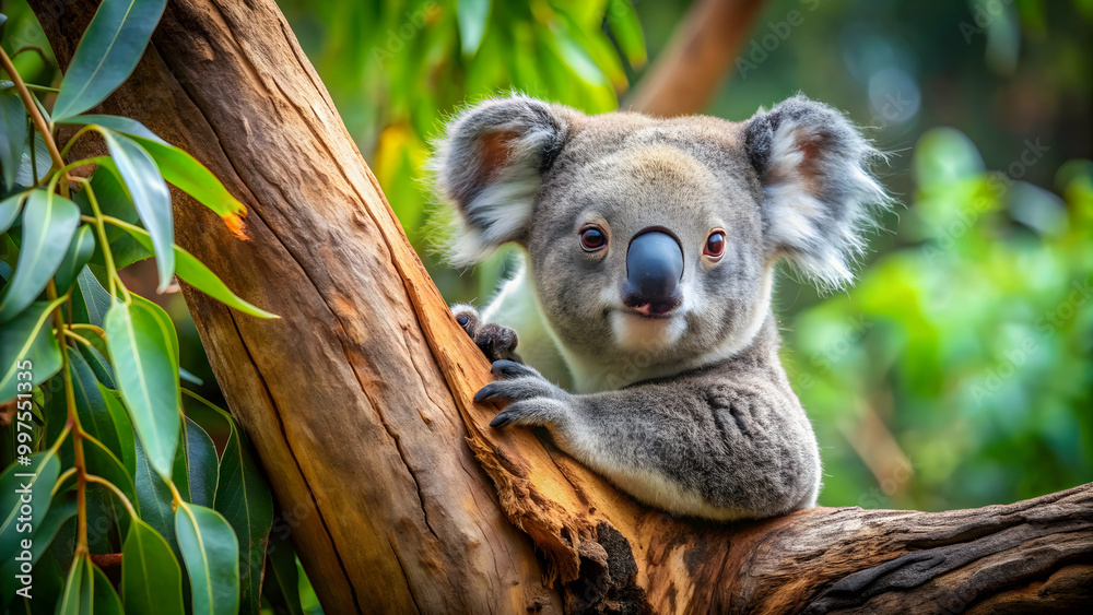 Obraz premium Koala resting in eucalyptus tree, koala, tree, wildlife, Australia, eucalyptus, marsupial, nature, cute, furry, animal, branch