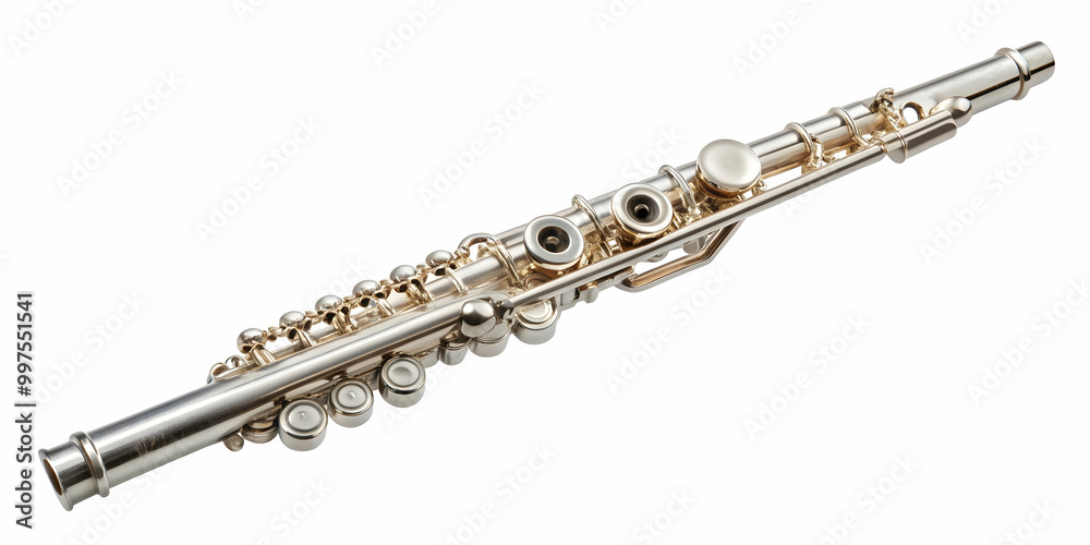 Fototapeta premium Classical flute isolated on white background, Classical, flute, instrument, music, orchestra, sound, woodwind, silver