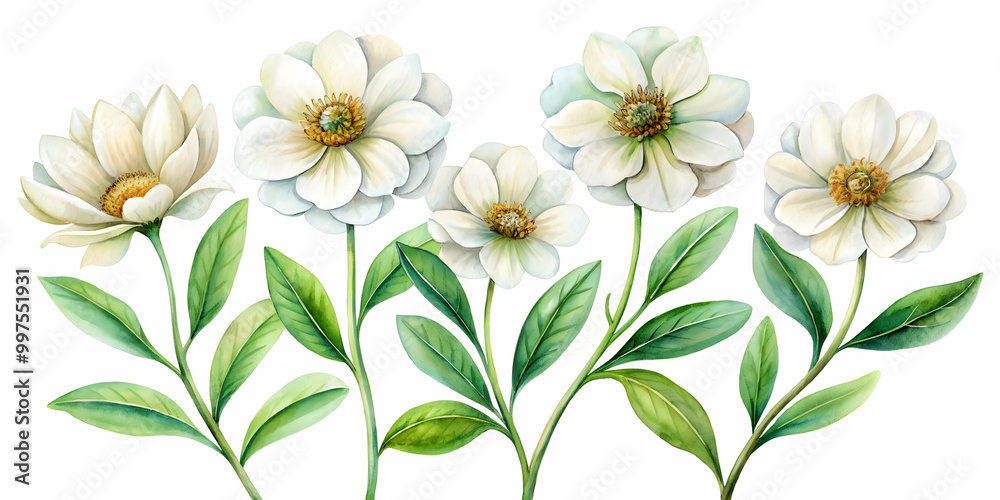Fototapeta premium Watercolor of five white flowers with green stems and leaves