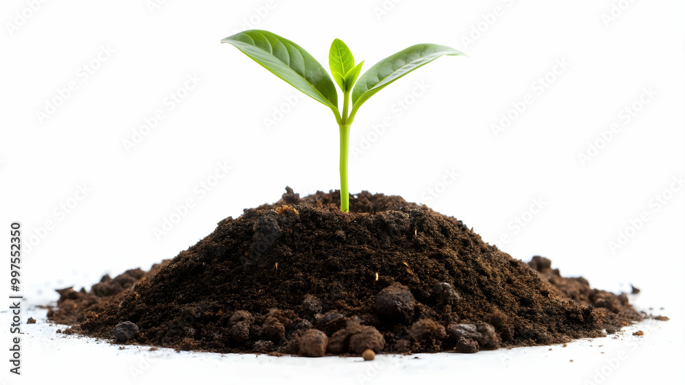Small green plant growing in a mound of soil on a white background, green, plant, small, soil, white, background, nature, growth Small green plant growing in a mound of soil on a white background, green, plant, small, soil, white, background, nature, growth