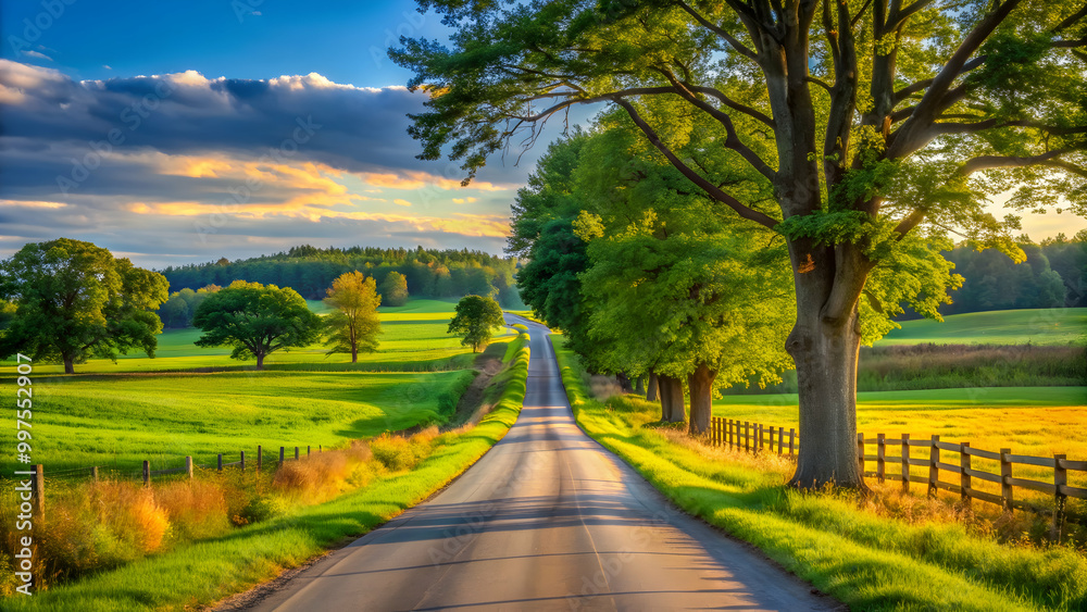 Fototapeta premium Rural country road surrounded by trees and fields , scenic, landscape, countryside, tranquil, pathway, nature, peaceful, rural