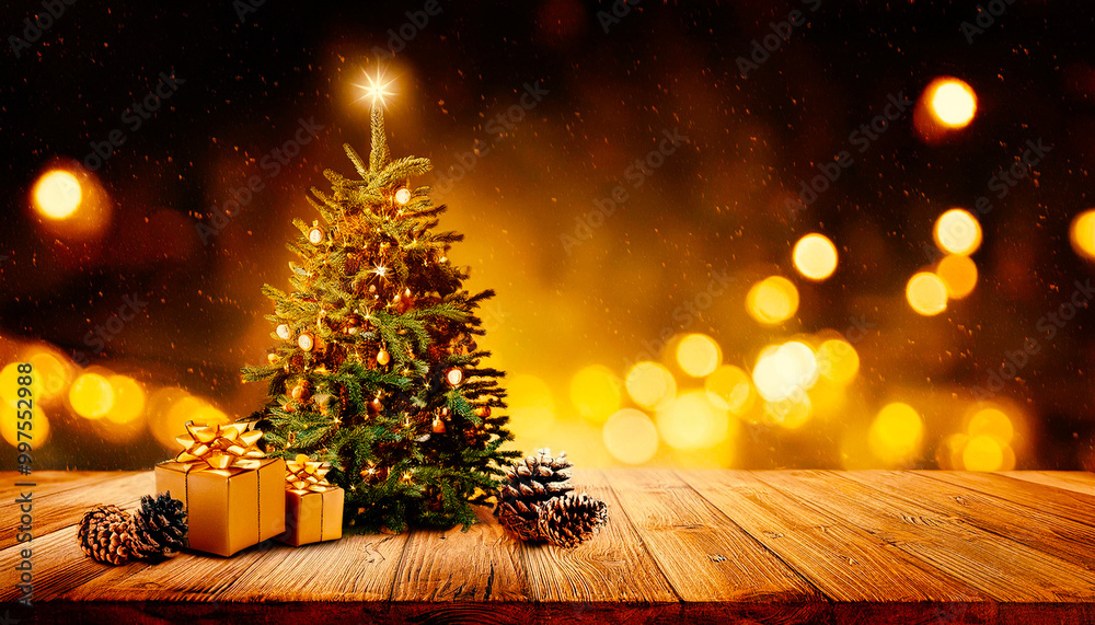 クリスマスツリー、プレゼント、ゴールド、松ぼっくり、木の台、イルミネーション、クリスマスライト、暖かい光、ホリデーシーズン、クリスマスデコレーション、夜景、輝く星、冬、ボケ効果、暖かい雰囲気 クリスマスツリー、プレゼント、ゴールド、松ぼっくり、木の台、イルミネーション、クリスマスライト、暖かい光、ホリデーシーズン、クリスマスデコレーション、夜景、輝く星、冬、ボケ効果、暖かい雰囲気
