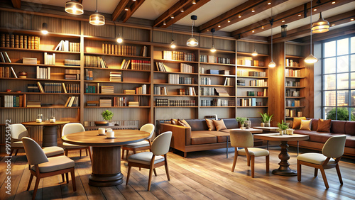 Cozy cafe-bookstore interior with shelves of books, comfortable seating, and coffee bar, cozy, cafe, bookstore, interior