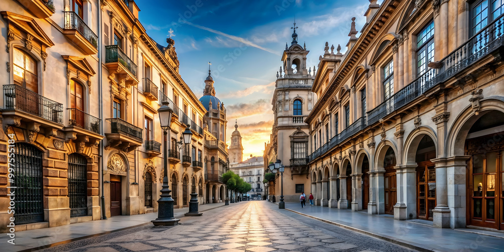 Fototapeta premium Empty European ancient street with intricate architecture, perfect for tourist sightseeing, panorama, wide, ancient