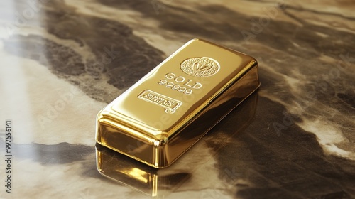  A realistic-looking gold bar made of plastic, designed to mimic the appearance of real gold. This vibrant and shiny plastic bar showcases intricate details and a smooth finish, 