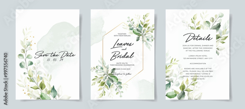 Greenery watercolor wedding invitation card template. Leaves decoration wedding card.
