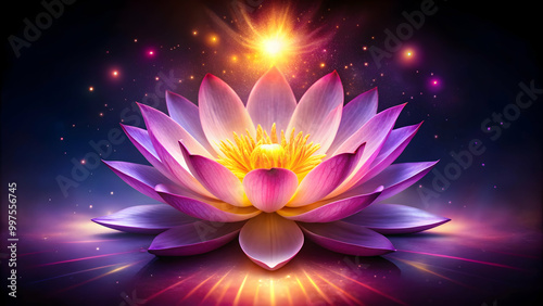 Vibrant lotus flower glowing in shades of pink, purple, and yellow against a dark background