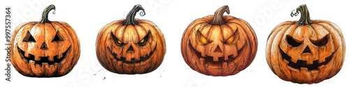 Distinct Halloween pumpkins with varying expressions, ideal for seasonal decorations and festive themes.