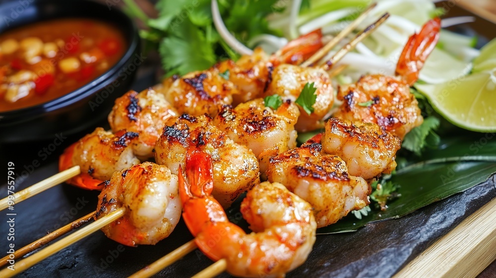 A delicious plate of grilled seafood shrimp satay drizzled with sweet soy sauce, showcasing vibrant colors and appealing presentation. A delicious plate of grilled seafood shrimp satay drizzled with sweet soy sauce, showcasing vibrant colors and appealing presentation.