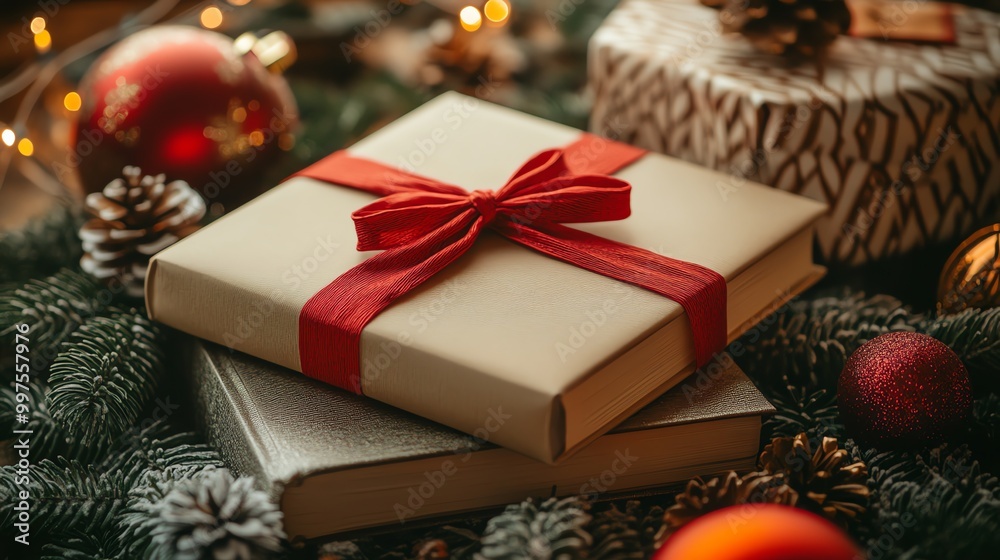 A wrapped book with a red ribbon sits on a wooden table surrounded by Christmas decorations. A wrapped book with a red ribbon sits on a wooden table surrounded by Christmas decorations.