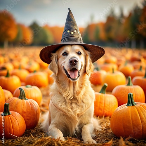 Golden Retriever in a pumpkin patch wearing a witch's hat.