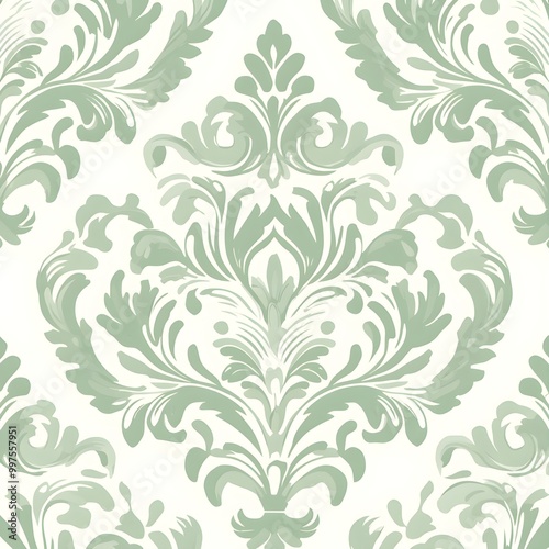 Seamless Green Damask Floral Pattern Background