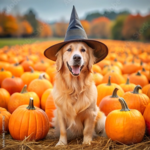 Golden Retriever in a pumpkin patch wearing a witch's hat.
