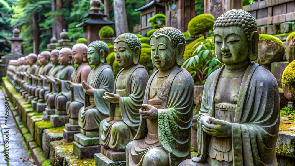Naklejka premium Buddhist stone statues at Otagi Nenbutsu ji temple in Kyoto, Japan, Buddhism, stone statues, religious, art