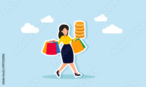 A happy businesswoman carrying a shopping bag and a stack of coins walking casually, an illustration of a hedonistic lifestyle or spending company assets for personal needs.