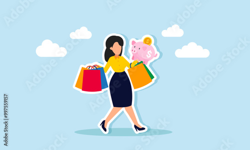 A happy businesswoman carrying a shopping bag and a piggy bank walking casually, an illustration of a hedonistic lifestyle or spending investment assets for personal needs.