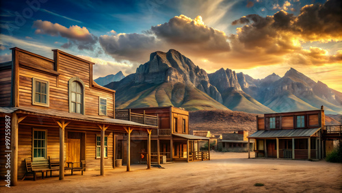 Western town saloon with mountain background, saloon, western, town, mountain, background, rendering, bar photo