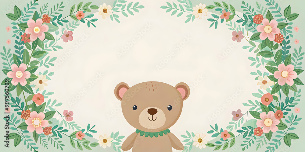 Cute bear holiday invitation with floral frame in pastel colors, holiday, invitation, greeting card, floral, frame Cute bear holiday invitation with floral frame in pastel colors, holiday, invitation, greeting card, floral, frame