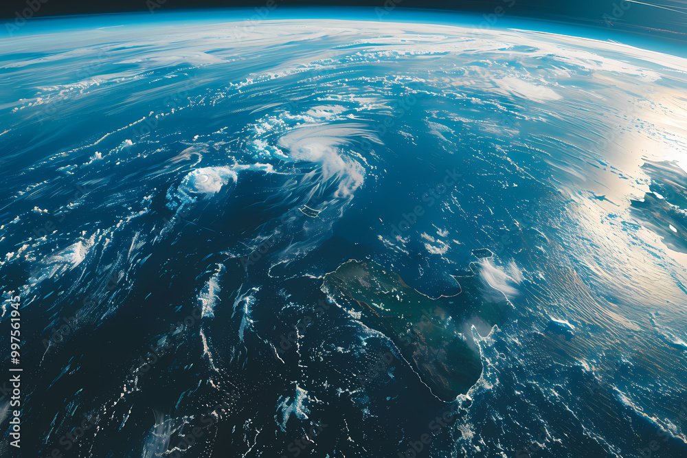 Obraz premium A stunning view of Earth from space, showcasing swirling clouds over the Pacific Ocean and the Hawaiian Islands below.