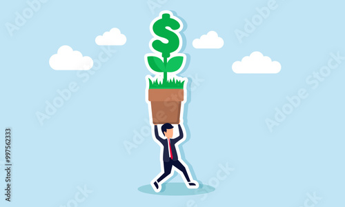 A businessman running while carrying a dollar plant in a pot, an illustration of the security in a company assets allocated for investment.