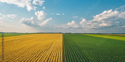 A drone's-eye view of an expansive landscape with alternating fields of green and gold, showcasing crop rotation photo