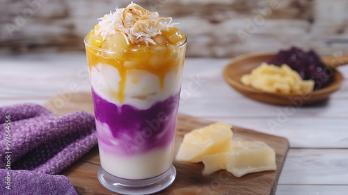 A vibrant and refreshing halo-halo in a glass, showcasing a delightful mix of crushed ice, evaporated milk, and coconut milk,  photo