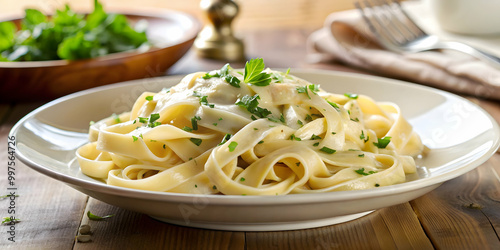 Shallow depth of field image of creamy fettucine alfredo pasta, delicious, Italian cuisine