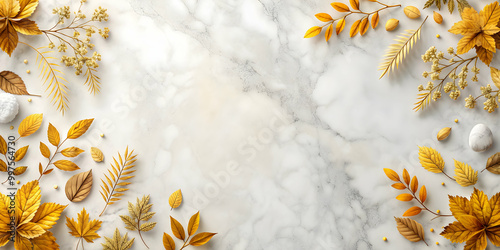Fototapeta Naklejka Na Ścianę i Meble -  White marble background with golden leaves and flowers, , wallpaper, white, marble, background, golden, leaves, flowers