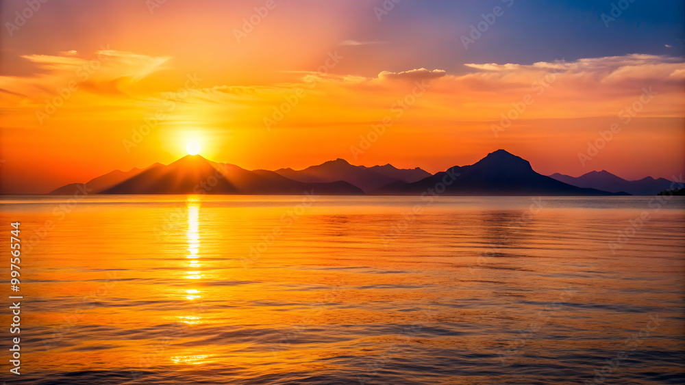 Sunset over the calm sea with a silhouette of mountains in the background, sunset, sea, ocean, mountains, silhouette, reflection Sunset over the calm sea with a silhouette of mountains in the background, sunset, sea, ocean, mountains, silhouette, reflection