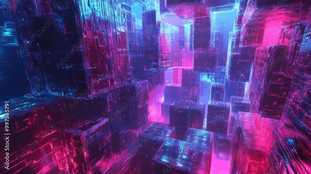 Fototapeta premium Futuristic neon lit cityscape with abstract skyscrapers